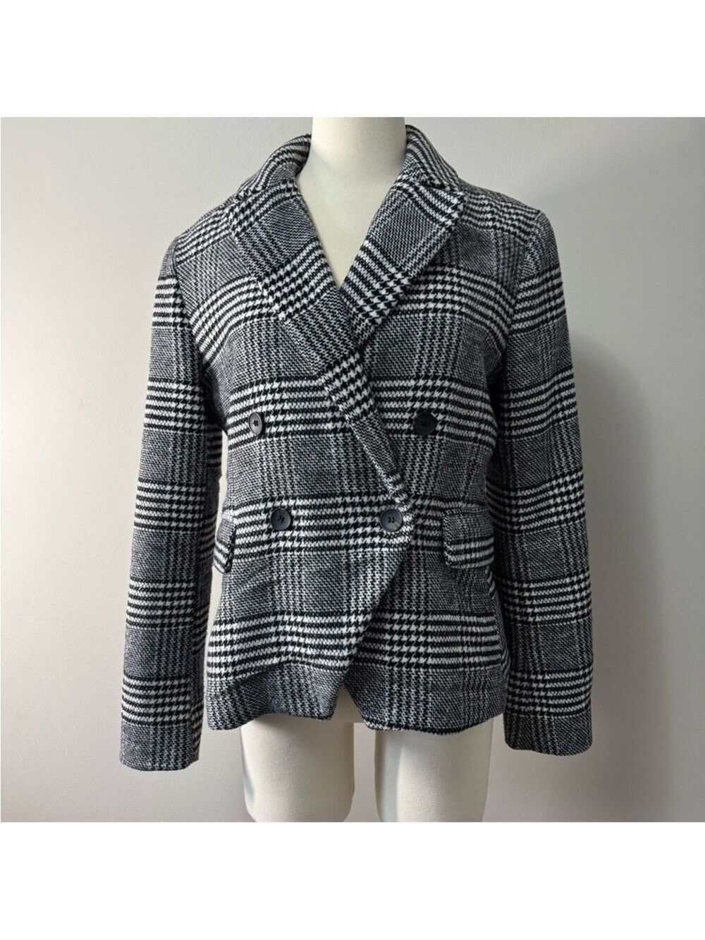 7 For All Mankind Black and White Houndstooths Plaid Pea Coat SZ Medium